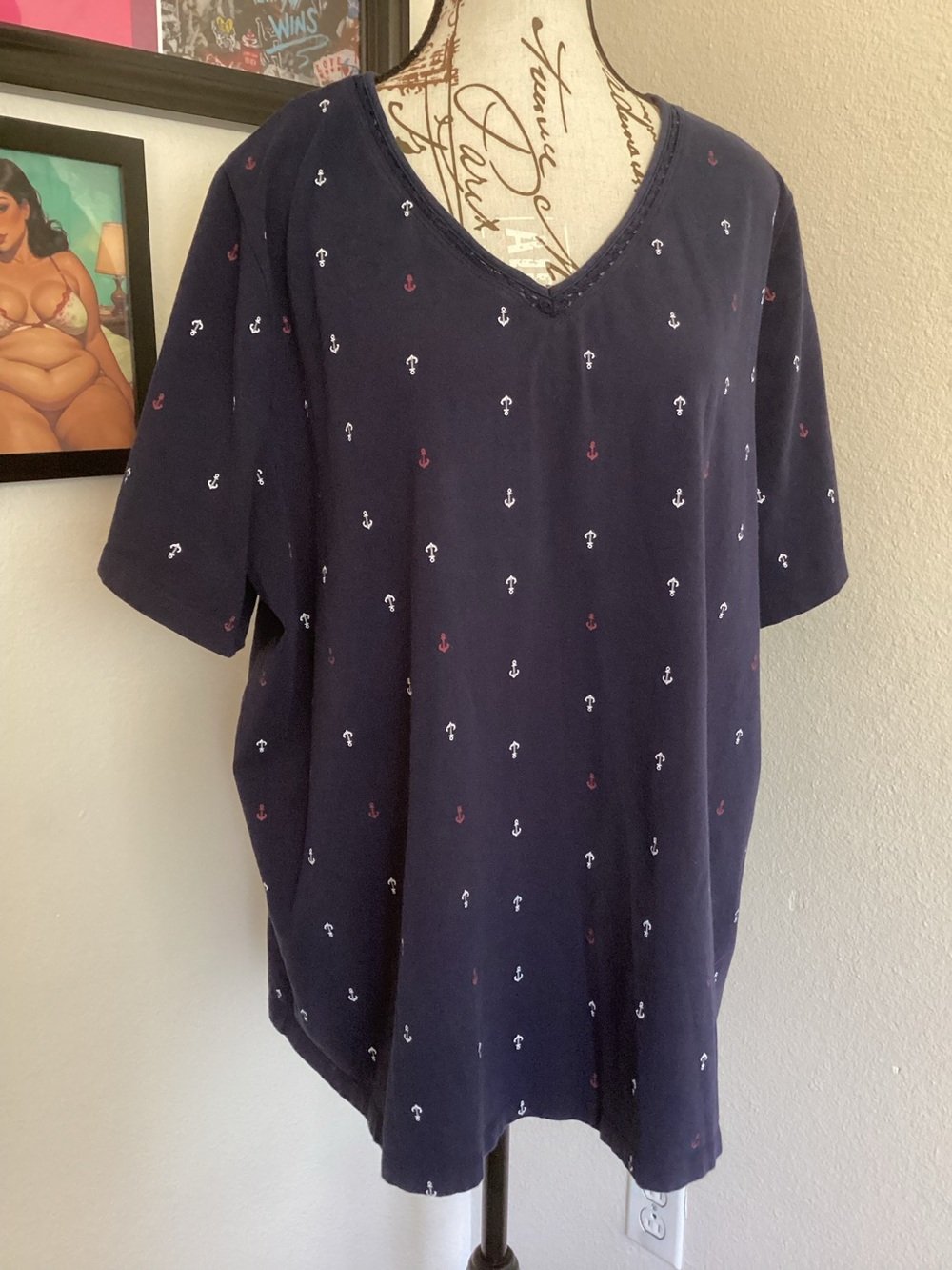 Catherines Navy V-Neck Tee with Red & White Anchor Print